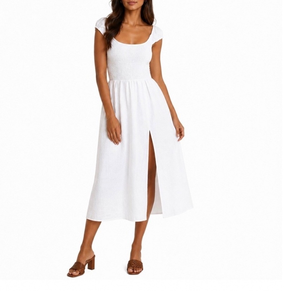 Reformation Tagliatelle Linen Midi Dress White Smocked Back Ruched Strap